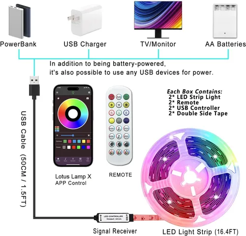 Vista 3 de L8star - Tira de luces LED de 20 pies con batería, 6m de luces LED de cambio de color operadas por batería, sincronización de música, aplicación