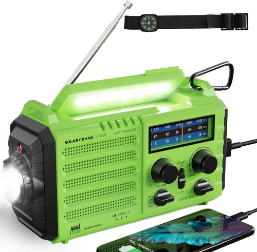 Vista 12 de Radio de emergencia de 12000 mAh - Alerta meteorológica AUTO NOAA, manivela solar AM/FM/SW/NOAA, linterna, cargador de teléfono, sirena SOS, kit