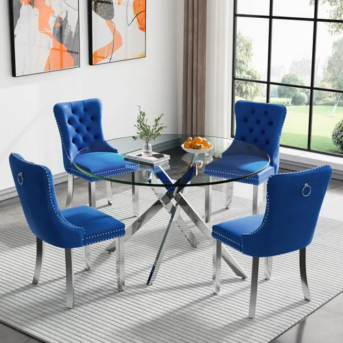 Vista 31 de Juego de mesa de comedor de cristal plateado moderno de 47 pulgadas para 2, juego de mesa de comedor de cocina redonda de 3 piezas con patas