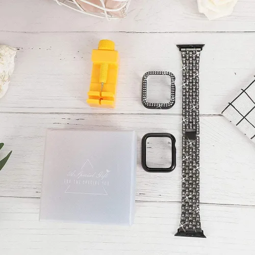 Vista 5 de compatible con Apple Watch de 1.496 pulgadas 1.575 pulgadas 1.654 pulgadas 1.732 pulgadas con funda para mujer, correa de metal con diamante