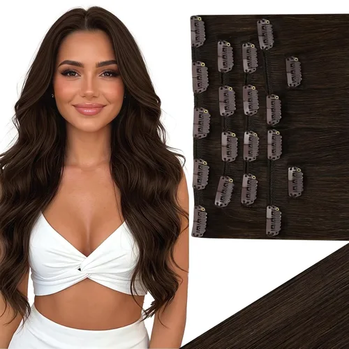 Vista 11 de Ve Sunny Extensiones de cabello clip-in de cabello humano real con reflejos, extensiones de cabello con clip para cabello corto, marrón oscuro