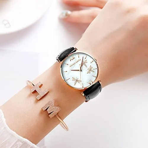 Vista 3 de TENNOVO Fashion Ladies Dragonfly Quartz Watch Luxury Dress Women's 2PCS Bracelet Watch Set Rose Flowers Giftable Packing Box for Women