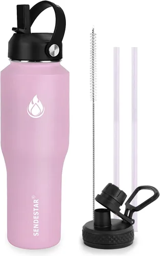 Vista 21 de SENDESTAR - Botella de agua de 0,9 L, 2 tapas (tapa con pajita), boca ancha de acero inoxidable aislada al vacío, doble pared, mantiene los líquidos