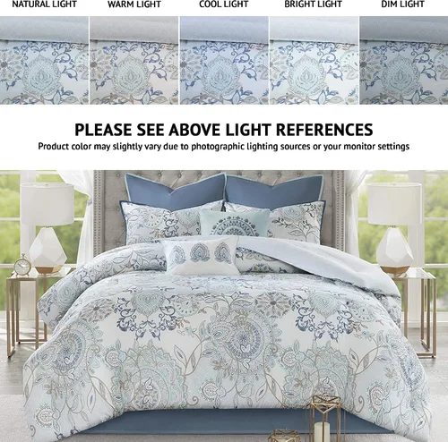 Vista 2 de Madison Park Juego de temporada, falda de cama a juego, almohadas decorativas, Queen (90 x 90 pulgadas), Isla, medallón floral azul, 8 piezas