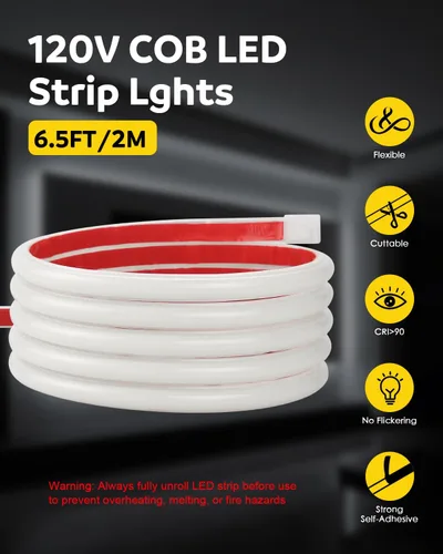 Vista 2 de Aclorol Tira de luces LED COB de 110 V para exteriores, impermeable, 6.56 pies/2M, luz diurna blanca 6000 K CRI90+ flexible y Unifrom tira de luz