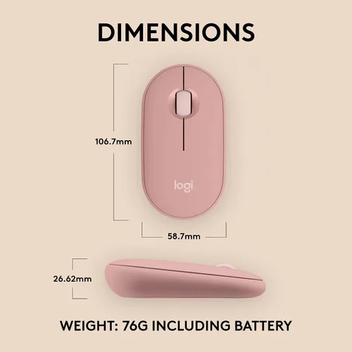 Vista 8 de Logitech Pebble Mouse 2 M350s Ratón Inalámbrico Bluetooth Delgado, Portátil, Ligero, Botón Personalizable, Clics Silenciosos, Easy-Switch para Rosa