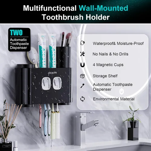 Vista 3 de Portacepillos de Dientes, Portacepillos de Dientes Multifuncional Montado en Pared, Dispensador de Pasta de Dientes para Baño con 2 Exprimidores