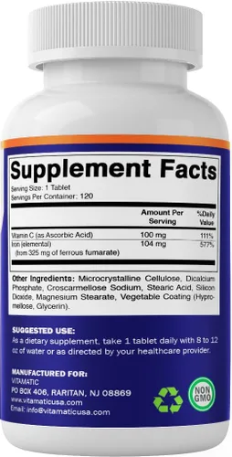 Vista 8 de Vitamatic Fumarato ferroso 325 mg + vitamina C 100 mg (104 mg de hierro elemental) – Suplemento de hierro de alta potencia – Suave para el estómago