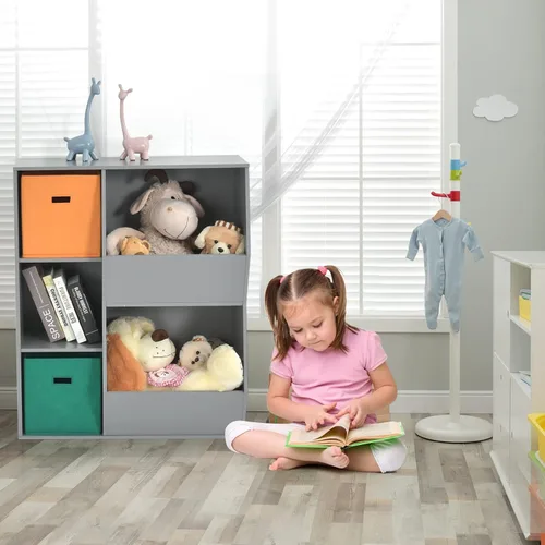 Vista 11 de HONEY JOY Organizador de almacenamiento de juguetes para niños con 5 cubículos, estantería y estantería para niños con 2 cajas de almacenamiento