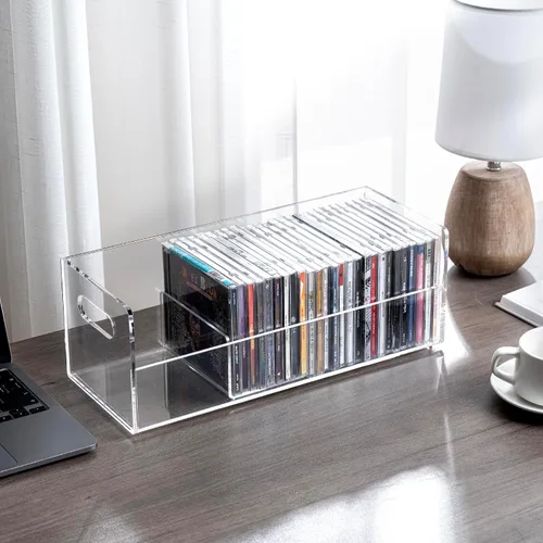 Vista 7 de MyGift Soporte rack moderno premium de CD apilable de acrílico transparente con asas de transporte recortadas, caja de exhibición para estuches