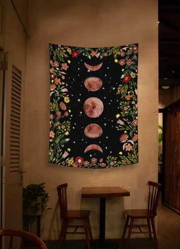 Vista 5 de Rexful Tapiz de jardín iluminado por la luna, fase lunar rodeada de plantas y flores, manta negra para colgar en la pared, 36 x 48 pulgadas