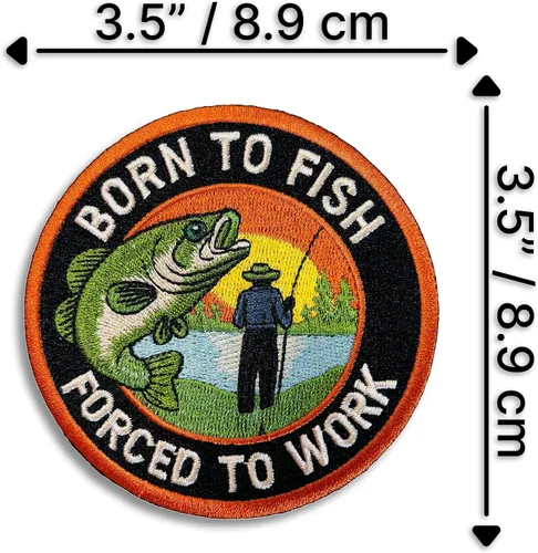 Vista 3 de Parche termoadhesivo Born to Fish Forced to Work Meme Divertido aplique bordado de pesca moral, tamaño de 3.5 pulgadas, parches para coser