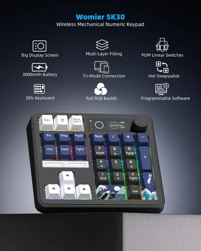 Vista 6 de Womier SK30 - Teclado mecánico con pantalla y perilla, color negro Bluetooth/2.4G/USB-C Wireless Numeric Keypad,Macro Software RGB Number Pad