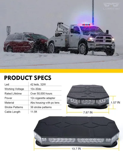 Vista 7 de LUMENIX - Barra de luces estroboscópicas LED para techo con controlador magnético, luces de advertencia de tráfico de emergencia, seguridad rojo azul