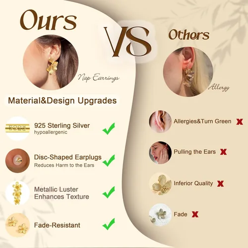 Vista 5 de Aretes de plata de ley 925 aretes colgantes chapados en oro de 14 quilates, hipoalergénicos, únicos, grandes, florales, gruesos, joyería para mujer