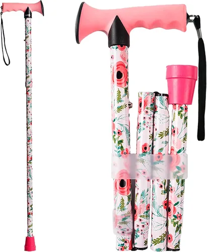 Vista 7 de Bastón para caminar para hombres y mujeres, plegable, floral, ligero, ajustable, portátil, para bastones plegables, cómodo mango en T para adultos