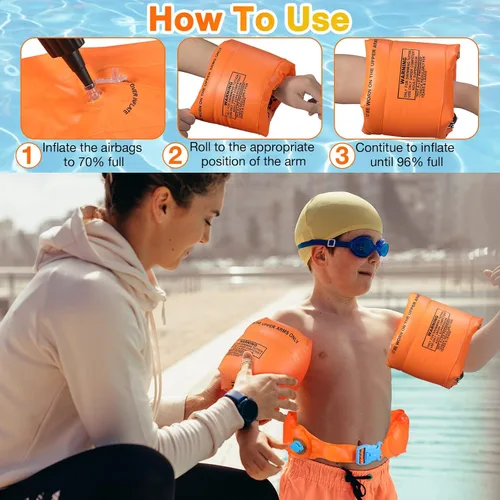 Vista 6 de Paquete de 6 flotadores de brazo para adultos, flotadores de cinturón de natación, flotadores inflables portátiles, cinturón de natación con hebilla