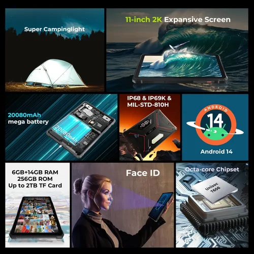 Vista 7 de HOTWAV R9 Pro 2025 Tablet Resistente 2K de 11 Pulgadas Android 14, Tablet Impermeable de 20080mAh 20GB+256GB/2TB TF Tablets para Exteriores
