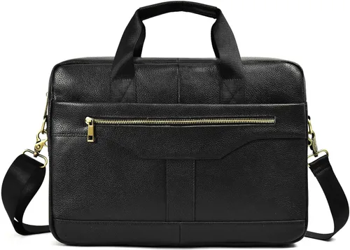 Vista 8 de Maletín de cuero genuino para hombres, bolso de hombro para computadora portátil con correa, bolso de trabajo de viaje de negocios de 15.6 pulgadas