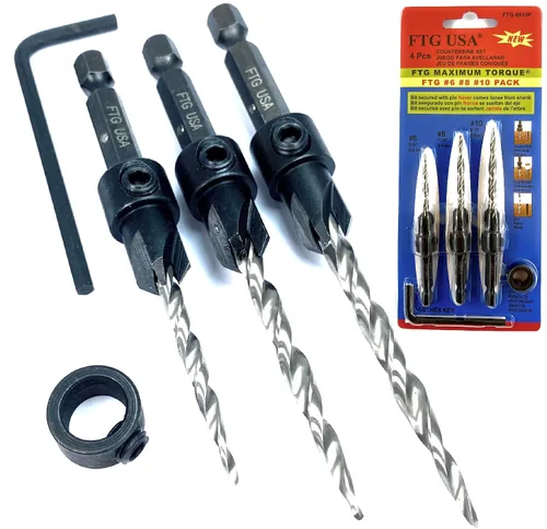 Vista 34 de FTG USA Juego de 3 brocas avellanadoras ajustables para madera #4 (7/64 pulgadas) con broca cónica para carpintería