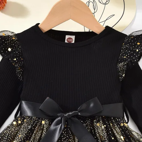 Vista 4 de Vestido de tul de manga larga para niña pequeña de 1 a 5 años Negro