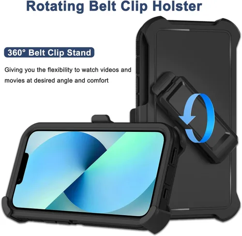 Vista 2 de Funda para iPhone 13 con funda de clip para cinturón, 2 protectores de pantalla, resistente grado militar, cuerpo completo, a prueba de golpes, a