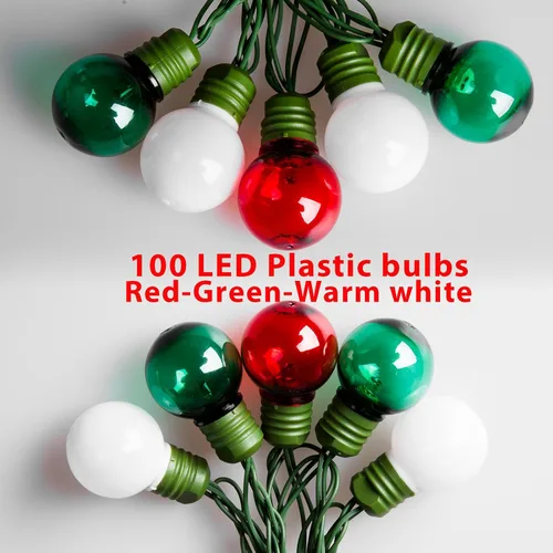 Vista 2 de 100 luces LED de 50 pies de globo de Navidad para exteriores, luces redondas G30 de Navidad pequeñas, conectables impermeables, para patio, aleros