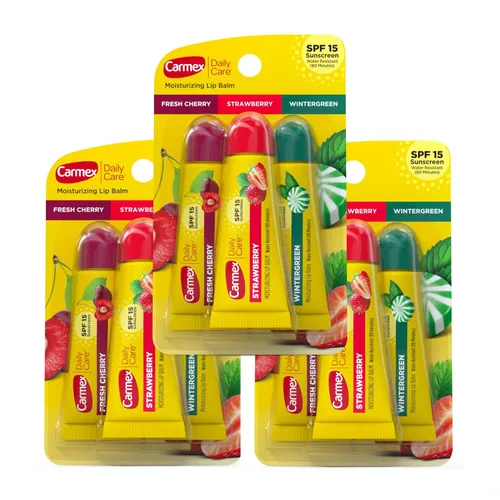 Vista 14 de Carmex Daily Care - Paquete de bálsamo labial hidratante, bálsamo labial con protector solar en cereza fresca, fresa y gaulteria, 0.35 onzas