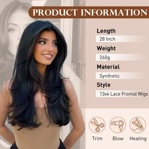 Vista 2 de Pelucas de encaje frontal de 13 x 4 pulgadas de largo, lacio, para mujeres negras, pelucas de encaje frontal con cabello de bebé, línea capilar