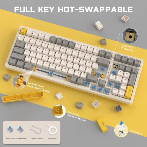 Vista 4 de Ajazz Teclado mecánico para juegos, intercambiable en caliente con almohadilla numérica, compacto USB con cable 100 teclas, teclas ABS de doble