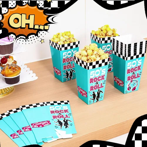 Vista 6 de Watersay Paquete de 24 cajas de palomitas de maíz Rock and Roll de los años 50, decoraciones de fiesta de los años 50, caja de aperitivos retro