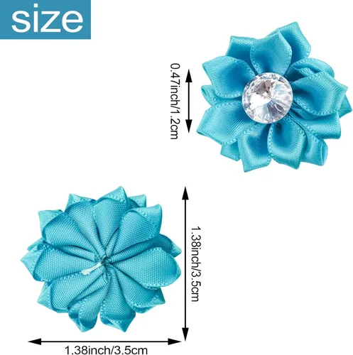 Vista 2 de 60 lazos de flores de cinta de satén, pequeñas flores de tela con margaritas con diamantes de imitación, lazos de cinta de satén para boda (azul)