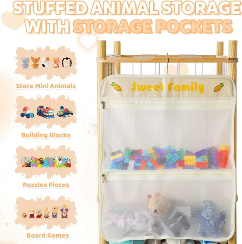 Vista 4 de Organizador de almacenamiento de animales de peluche, soporte grande de madera para juguetes de zoológico con bolsillos, peluches, almacenamiento