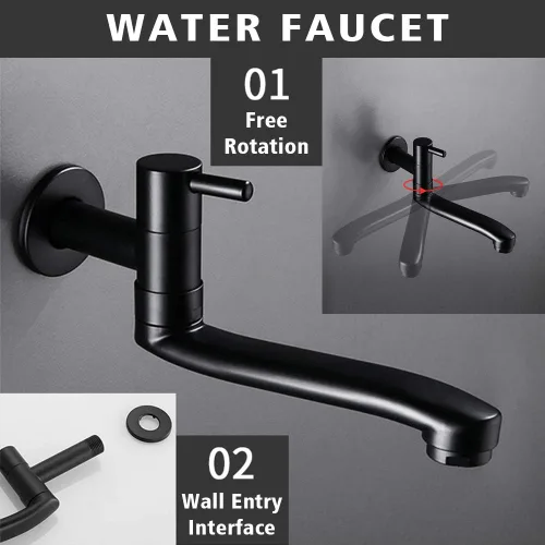 Vista 5 de Grifo de agua fría negro montado en la pared lavadora fregona piscina jardín grifos (8.3 in)