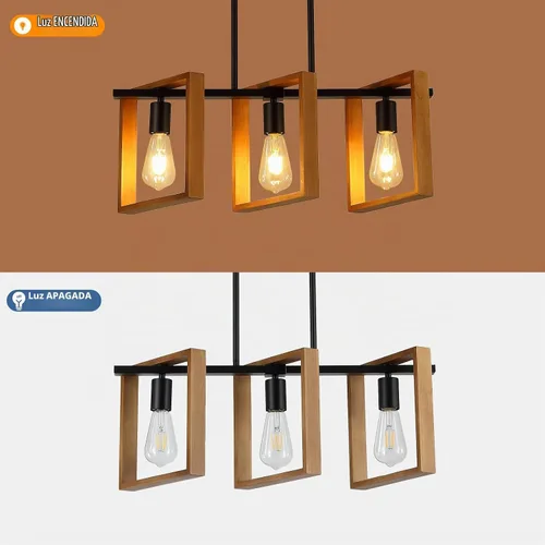 Vista 4 de 9MMML Lámpara de 3 luces para isla de cocina, lámpara de comedor negra, con marco de madera, para sala de estar, vestíbulo, entrada, pasillo, E26
