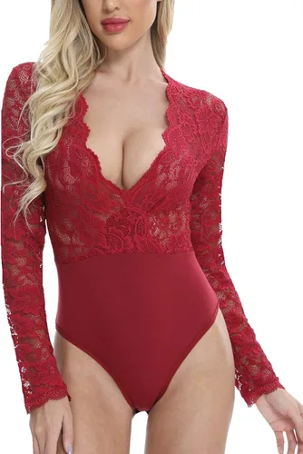 Vista 3 de Body de manga larga sexi para mujer con entrepierna a presión y parte superior de encaje, tamaños S-XXXL