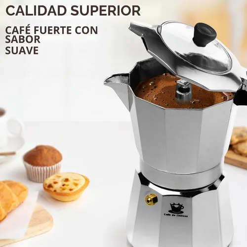 Vista 2 de Cafe Du Chateau Moka Pot Espresso Maker - Hace 6 tazas de espresso - Percolador de café con cuchara medidora de clip - Cafetera cubana e italiana