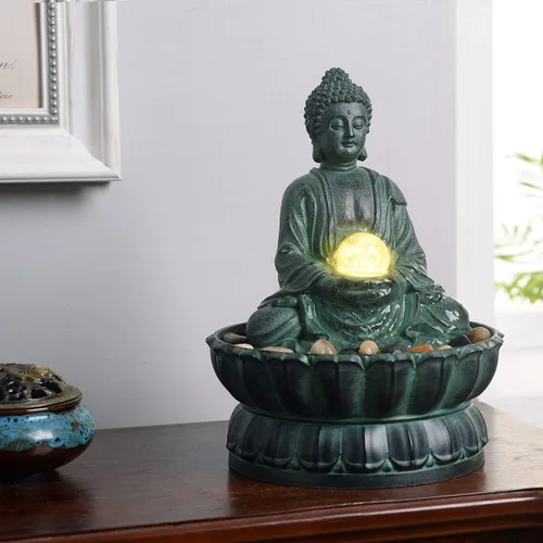 Vista 5 de Fuente de mesa interior Buda exquisita estatua de meditación sentada, fuente de agua de escritorio, fuente zen decorativa con bola rodante