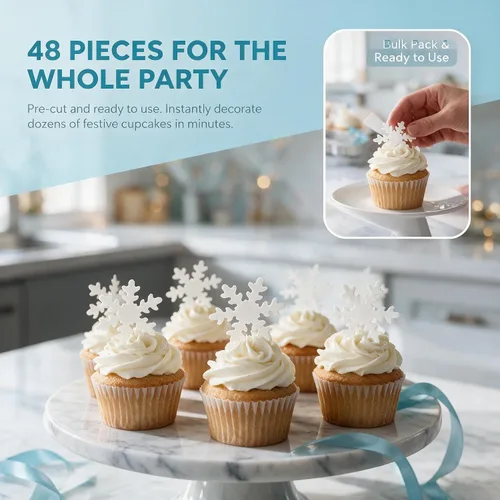 Vista 2 de Copos de nieve comestibles de Navidad comestibles para cupcakes azules, decoración de caja de plástico para fiesta temática de invierno congelado