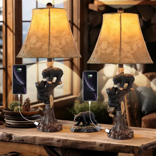 Vista 11 de LOKHOM Lámpara de mesa rústica con oso de escalada para dormitorio, lámpara de mesa de noche pequeña de 19 pulgadas con pantalla de bosque de osos