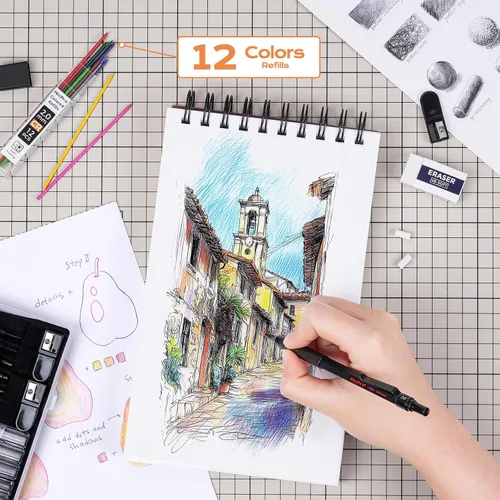 Vista 4 de Nicpro Juego de 35 lápices mecánicos de metal negro en estuche, lápices de dibujo artístico de 0.5, 0.7, 0.035 in y 3 soportes de plomo de grafito