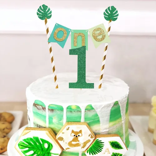 Vista 3 de Wild One Jungle Safari - Decoración para pastel de primer cumpleaños, purpurina dorada y verde, accesorios para tartas