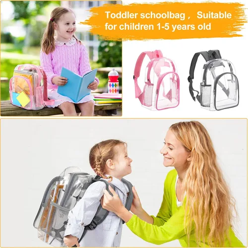 Vista 5 de 2 piezas bonita mochila transparente de plástico transparente para niños de 1 a 5 años Gris rosa