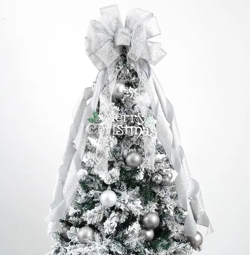 Vista 13 de MEEDEE Adorno Superior Azul para Árbol de Navidad de 12" de Ancho Lazos de Navidad con Purpurina Lazo de Cinta de Copo de Nieve Lazos Superiores