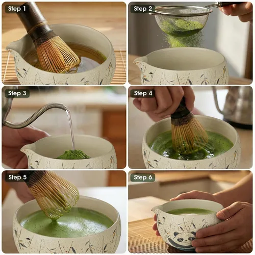 Vista 7 de Juego de batidor de matcha de 7 piezas con cuenco y batidor de 100 puntas Intricate Hand-Applied Decal, Bamboo Tea Mat Included, 100-Prong for