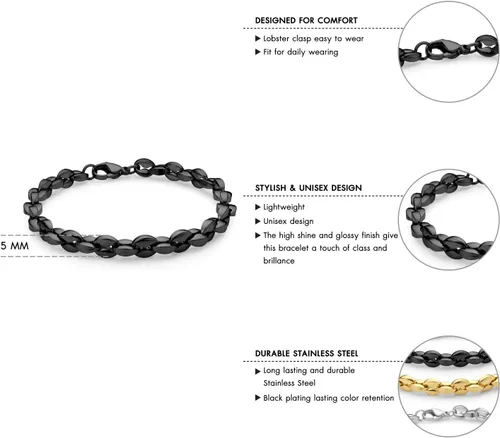 Vista 6 de 555Jewelry Pulsera unisex de cadena de eslabones de grano de café hueco de acero inoxidable Negro