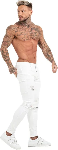 Vista 4 de Gingtto jeans entallados elásticos para hombre, de corte ajustado, rasgados, gastados