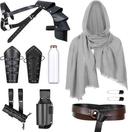 Vista 30 de Cinturón de cuero de caballero medieval para hombre, chal renacentista, capa de medio hombro, bufanda, brazaletes con hebilla, accesorios retro