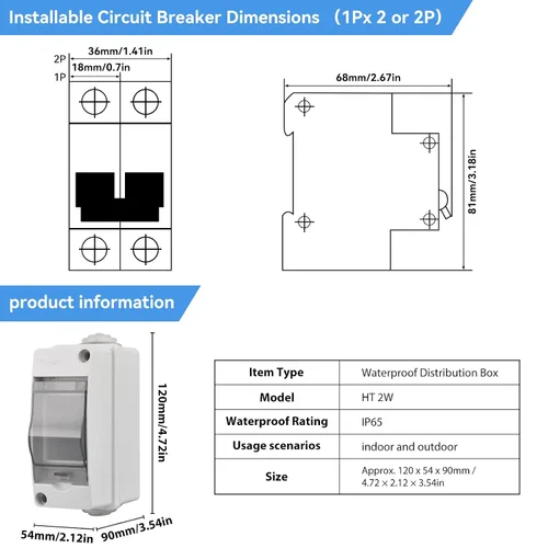 Vista 2 de Caja de protección de distribución de ABS IP65, caja de distribución de disyuntor impermeable de 2 vías, caja de distribución de 2 rieles DIN Caja