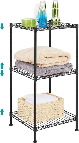 Vista 11 de Estante de alambre ajustable de 3 niveles, estantes de almacenamiento de metal de 3 niveles con patas niveladoras, unidad de estantería de alambre